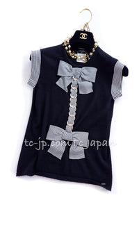 CHANEL 07S Black White Cashmere Silk Celebrity Bow Knit Tops 34 36 シャネル ブラック カシミア シルク セレブのリボン ニット トップス 即発
