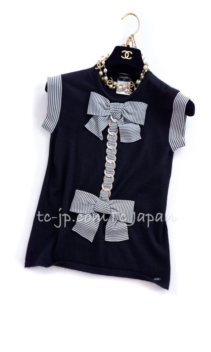 CHANEL 07S Black White Cashmere Silk Celebrity Bow Knit Tops 34 36 シャネル ブラック カシミア シルク セレブのリボン ニット トップス 即発