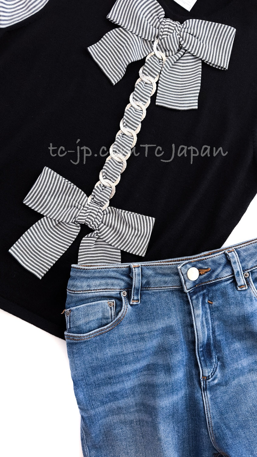 CHANEL 07S Black White Cashmere Silk Celebrity Bow Knit Tops 34 36 シャネル ブラック カシミア シルク セレブのリボン ニット トップス 即発