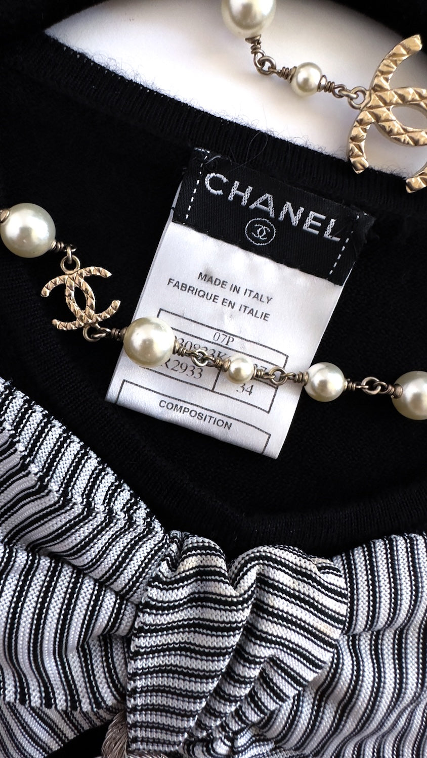CHANEL 07S Black White Cashmere Silk Celebrity Bow Knit Tops 34 36 シャネル ブラック カシミア シルク セレブのリボン ニット トップス 即発 - TC JAPAN