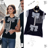 CHANEL 07S Black White Cashmere Silk Celebrity Bow Knit Tops 34 36 シャネル ブラック カシミア シルク セレブのリボン ニット トップス 即発