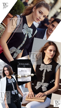 CHANEL 07S Black White Cashmere Silk Celebrity Bow Knit Tops 34 36 シャネル ブラック カシミア シルク セレブのリボン ニット トップス 即発