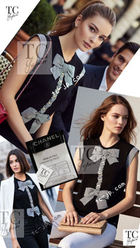 CHANEL 07S Black White Cashmere Silk Celebrity Bow Knit Tops 34 36 シャネル ブラック カシミア シルク セレブのリボン ニット トップス 即発 - TC JAPAN