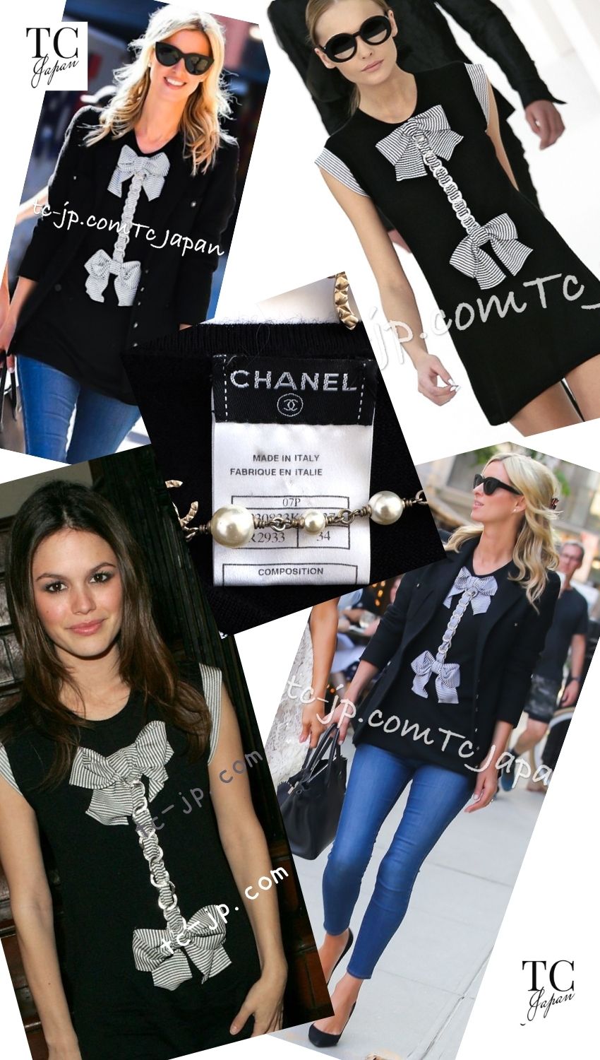 CHANEL 07S Black White Cashmere Silk Celebrity Bow Knit Tops 34 36 シャネル ブラック カシミア シルク セレブのリボン ニット トップス 即発 - TC JAPAN