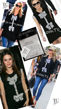 CHANEL 07S Black White Cashmere Silk Celebrity Bow Knit Tops 34 36 シャネル ブラック カシミア シルク セレブのリボン ニット トップス 即発