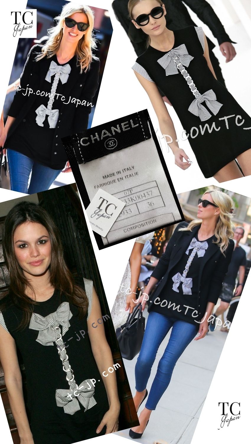 CHANEL 07S Black White Cashmere Silk Celebrity Bow Knit Tops 34 36 シャネル ブラック カシミア シルク セレブのリボン ニット トップス 即発