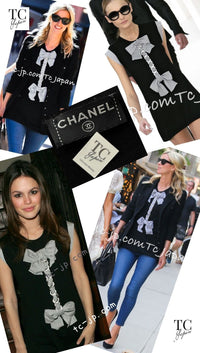 CHANEL 07S Black White Cashmere Silk Celebrity Bow Knit Tops 34 36 シャネル ブラック カシミア シルク セレブのリボン ニット トップス 即発 - TC JAPAN
