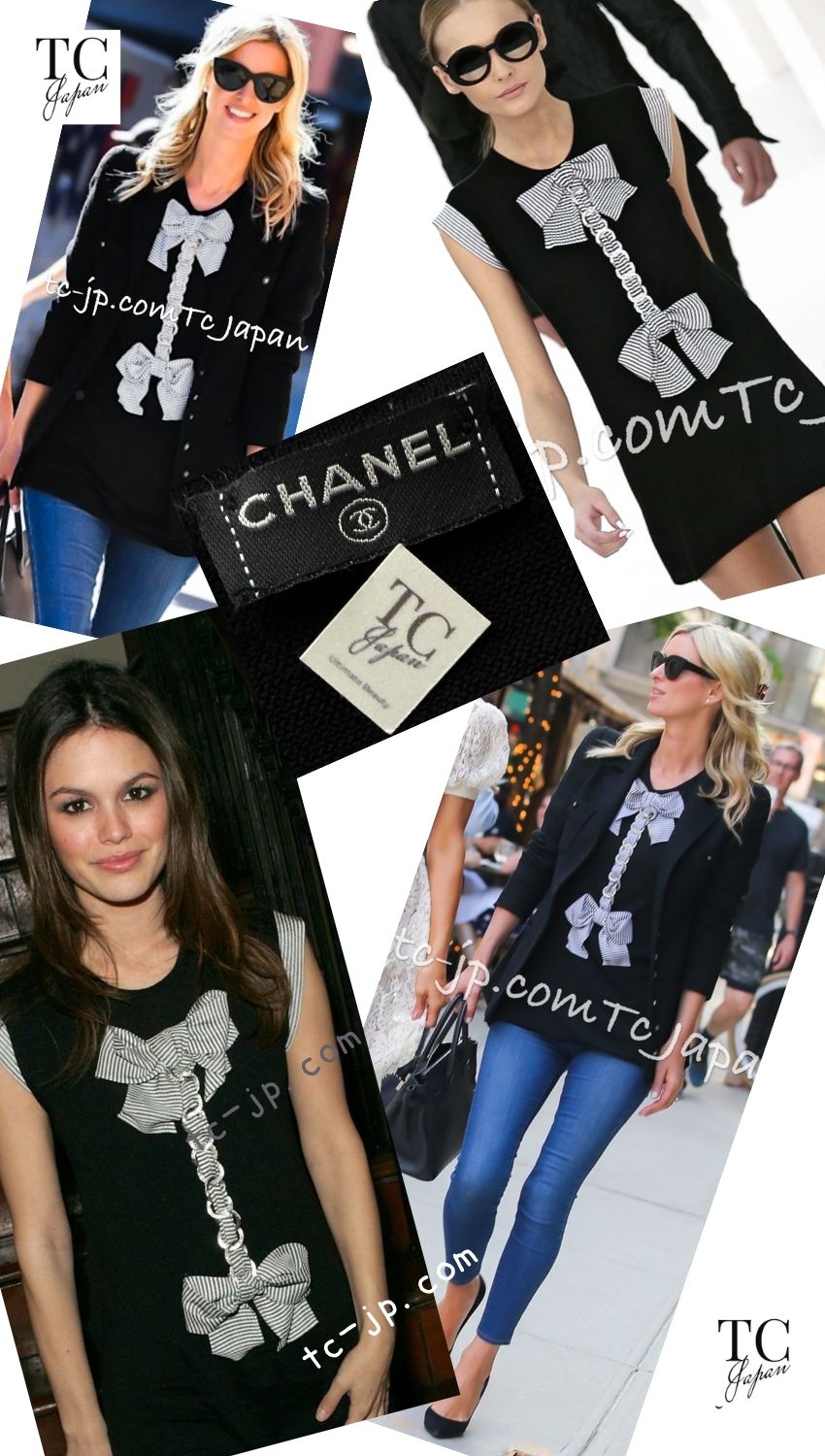 CHANEL 07S Black White Cashmere Silk Celebrity Bow Knit Tops 34 36 シャネル ブラック カシミア シルク セレブのリボン ニット トップス 即発 - TC JAPAN