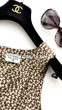 CHANEL 87S Vintage Brown Olive Silk Sleeveless Ribbon Tops 38 シャネル ヴィンテージ オリーブ ブラウン リボン柄 シルク ノースリーブ トップス 即発
