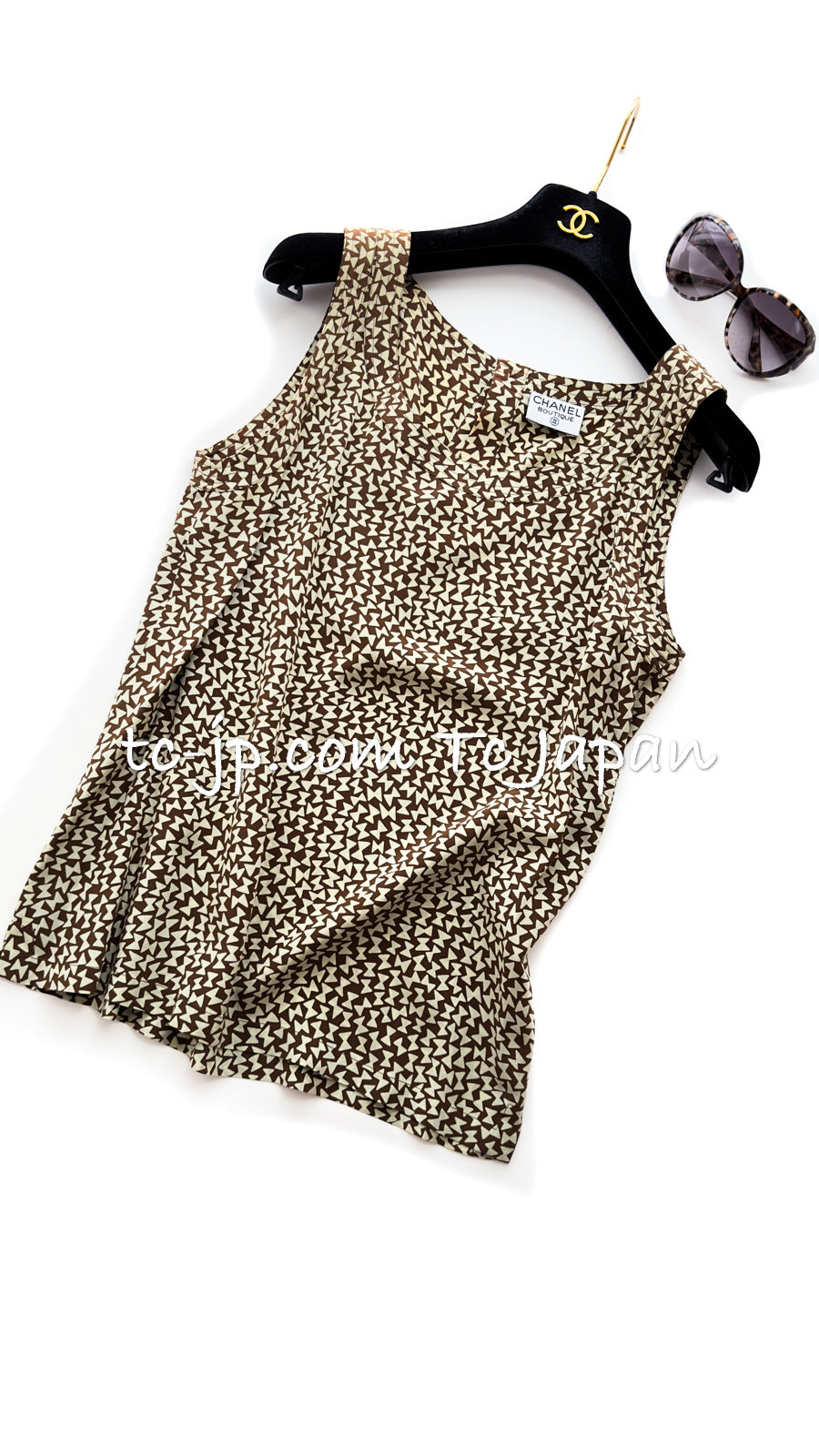 CHANEL 87S Vintage Brown Olive Silk Sleeveless Ribbon Tops 38 シャネル ヴィンテージ オリーブ ブラウン リボン柄 シルク ノースリーブ トップス 即発