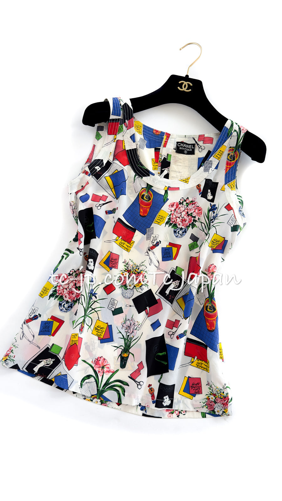 CHANEL 87S Silk Sleeveless Atelier CC Logo Tops 38 40 シャネル ヴィンテージ シルク ノースリーブ アトリエ柄 トップス 即発