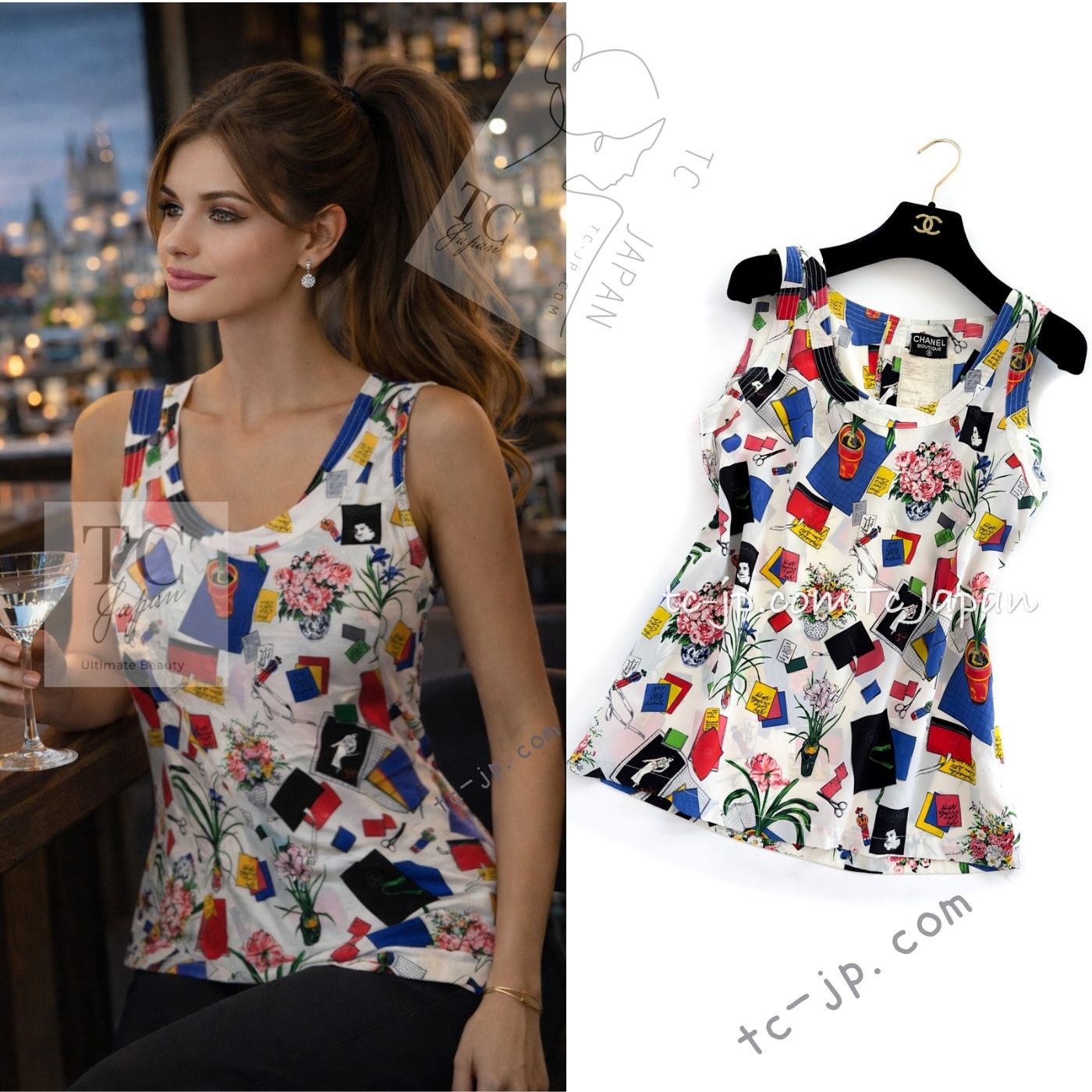 CHANEL 87S Silk Sleeveless Atelier CC Logo Tops 38 40 シャネル ヴィンテージ シルク ノースリーブ アトリエ柄 トップス 即発