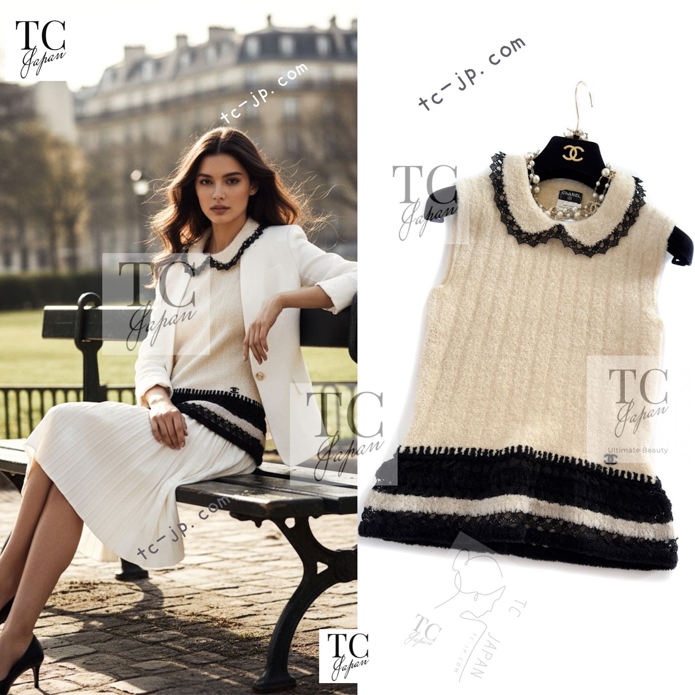 CHANEL 02A Beige Black Sleeveless Wool Knit Tops Sweater 38 40 シャネル ベージュ ブラック ノースリーブ ウール ニット トップス セーター 即発