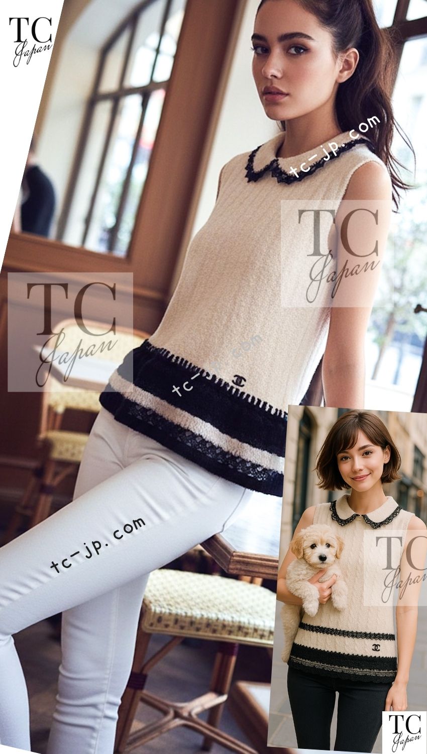 CHANEL 02A Beige Black Sleeveless Wool Knit Tops Sweater 38 40 シャネル ベージュ ブラック ノースリーブ ウール ニット トップス セーター 即発