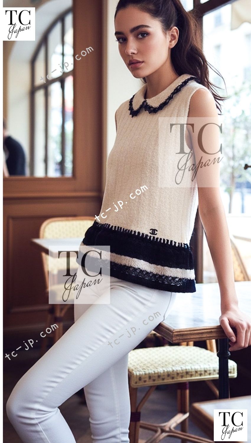 CHANEL 02A Beige Black Sleeveless Wool Knit Tops Sweater 38 40 シャネル ベージュ ブラック ノースリーブ ウール ニット トップス セーター 即発