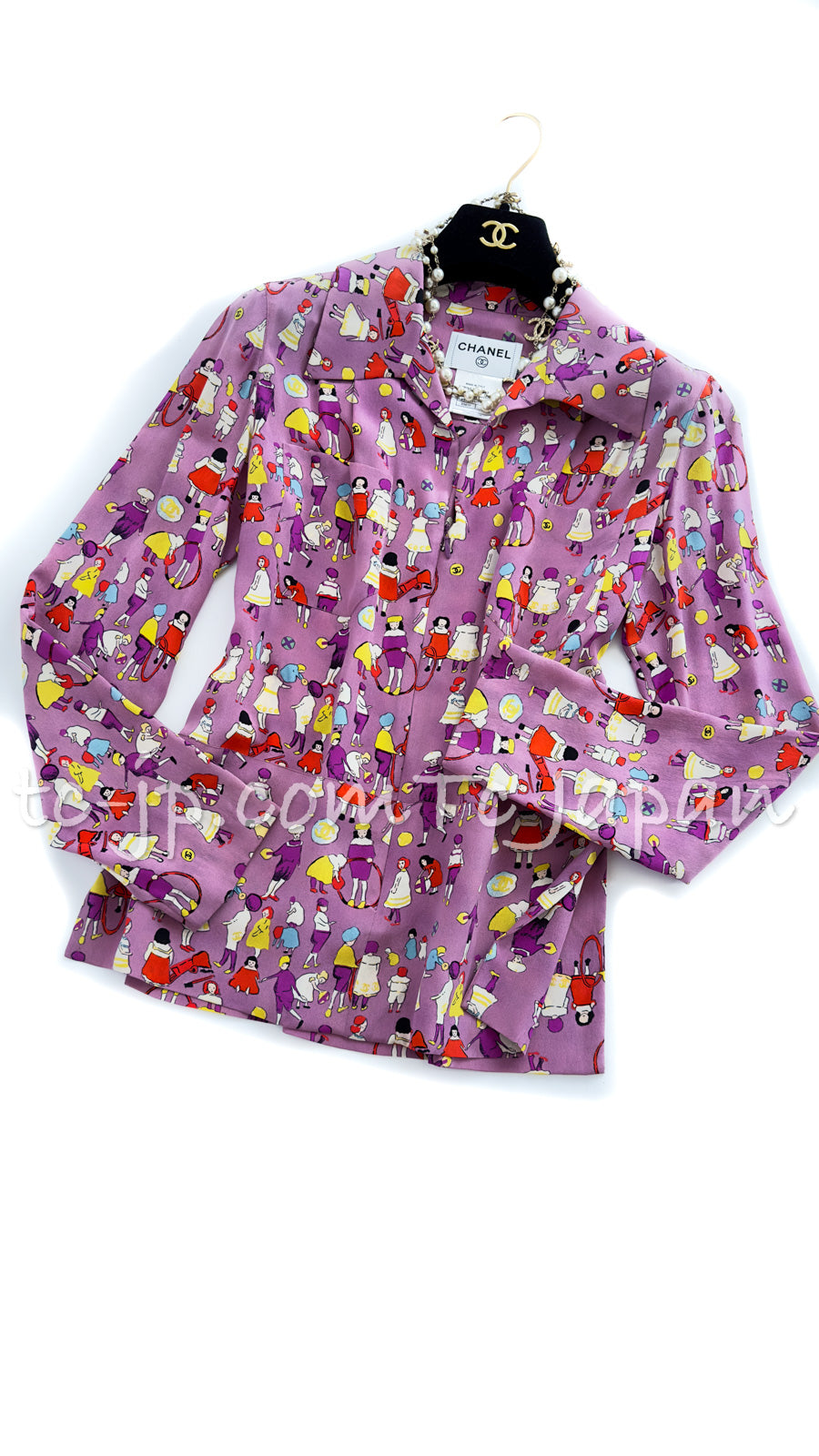 CHANEL 01S Vintage Purple Silk Blouse Shirts Tops 36 38 シャネル ヴィンテージ パープル イラスト柄 シルク ブラウス シャツ トップス 即発