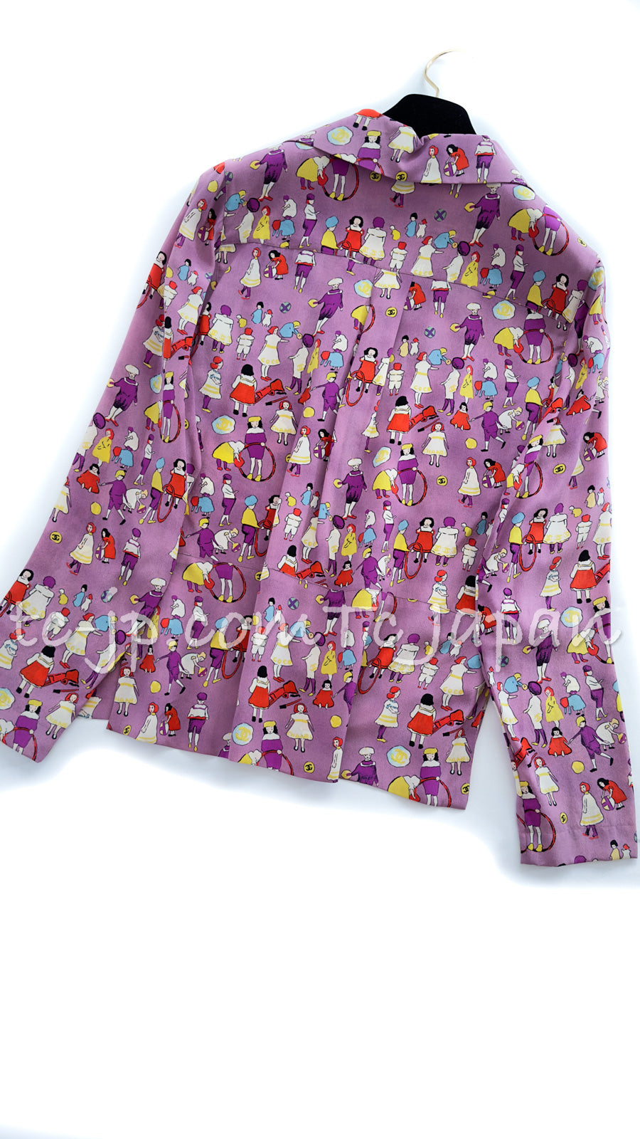 CHANEL 01S Vintage Purple Silk Blouse Shirts Tops 36 38 シャネル ヴィンテージ パープル イラスト柄 シルク ブラウス シャツ トップス 即発