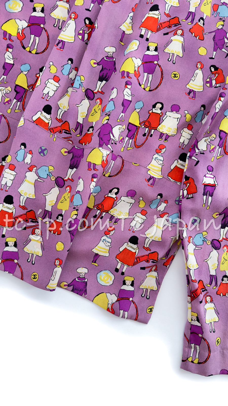 CHANEL 01S Vintage Purple Silk Blouse Shirts Tops 36 38 シャネル ヴィンテージ パープル イラスト柄 シルク ブラウス シャツ トップス 即発