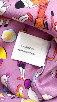 CHANEL 01S Vintage Purple Silk Blouse Shirts Tops 36 38 シャネル ヴィンテージ パープル イラスト柄 シルク ブラウス シャツ トップス 即発