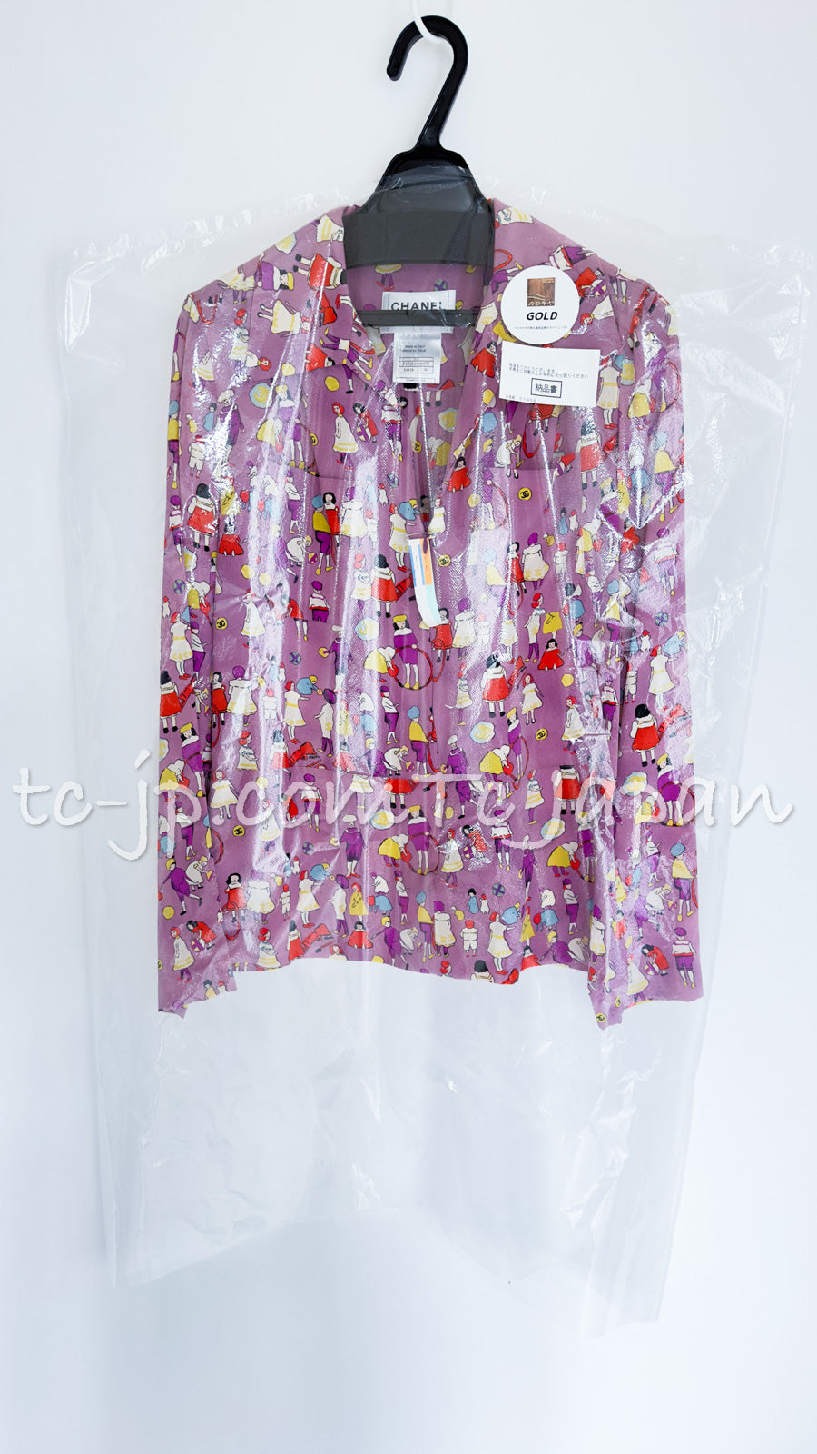 CHANEL 01S Vintage Purple Silk Blouse Shirts Tops 36 38 シャネル ヴィンテージ パープル イラスト柄 シルク ブラウス シャツ トップス 即発
