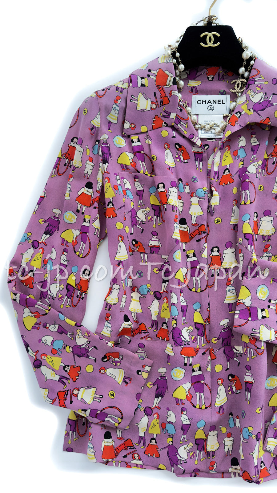 CHANEL 01S Vintage Purple Silk Blouse Shirts Tops 36 38 シャネル ヴィンテージ パープル イラスト柄 シルク ブラウス シャツ トップス 即発