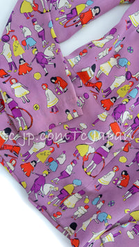 CHANEL 01S Vintage Purple Silk Blouse Shirts Tops 36 38 シャネル ヴィンテージ パープル イラスト柄 シルク ブラウス シャツ トップス 即発