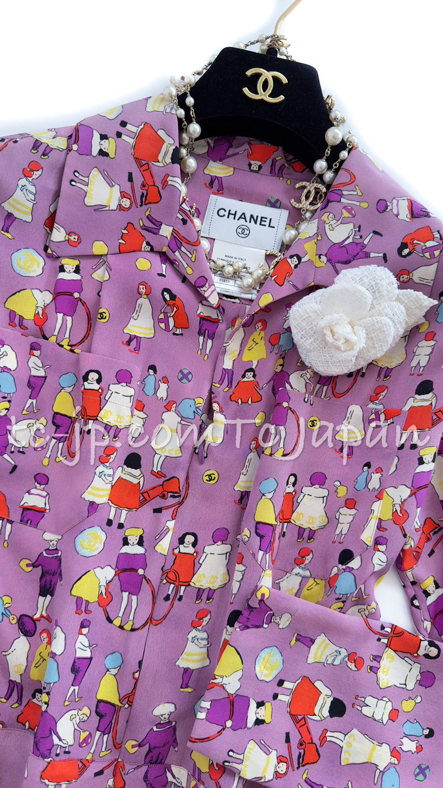 CHANEL 01S Vintage Purple Silk Blouse Shirts Tops 36 38 シャネル ヴィンテージ パープル イラスト柄 シルク ブラウス シャツ トップス 即発