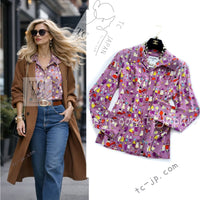 CHANEL 01S Vintage Purple Silk Blouse Shirts Tops 36 38 シャネル ヴィンテージ パープル イラスト柄 シルク ブラウス シャツ トップス 即発