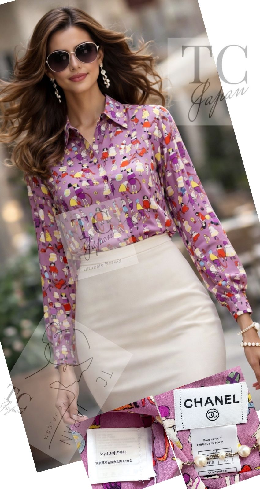 CHANEL 01S Vintage Purple Silk Blouse Shirts Tops 36 38 シャネル ヴィンテージ パープル イラスト柄 シルク ブラウス シャツ トップス 即発