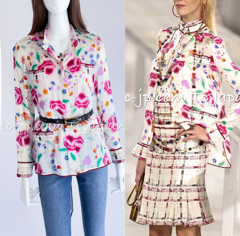 CHANEL 04S Multicolor Camellia Accent COCO Mark Silk Blouse Tops 42 シャネル マルチカラー カメリア柄 ココマーク シルク ブラウス トップス 即発