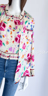 CHANEL 04S Multicolor Camellia Accent COCO Mark Silk Blouse Tops 42 シャネル マルチカラー カメリア柄 ココマーク シルク ブラウス トップス 即発