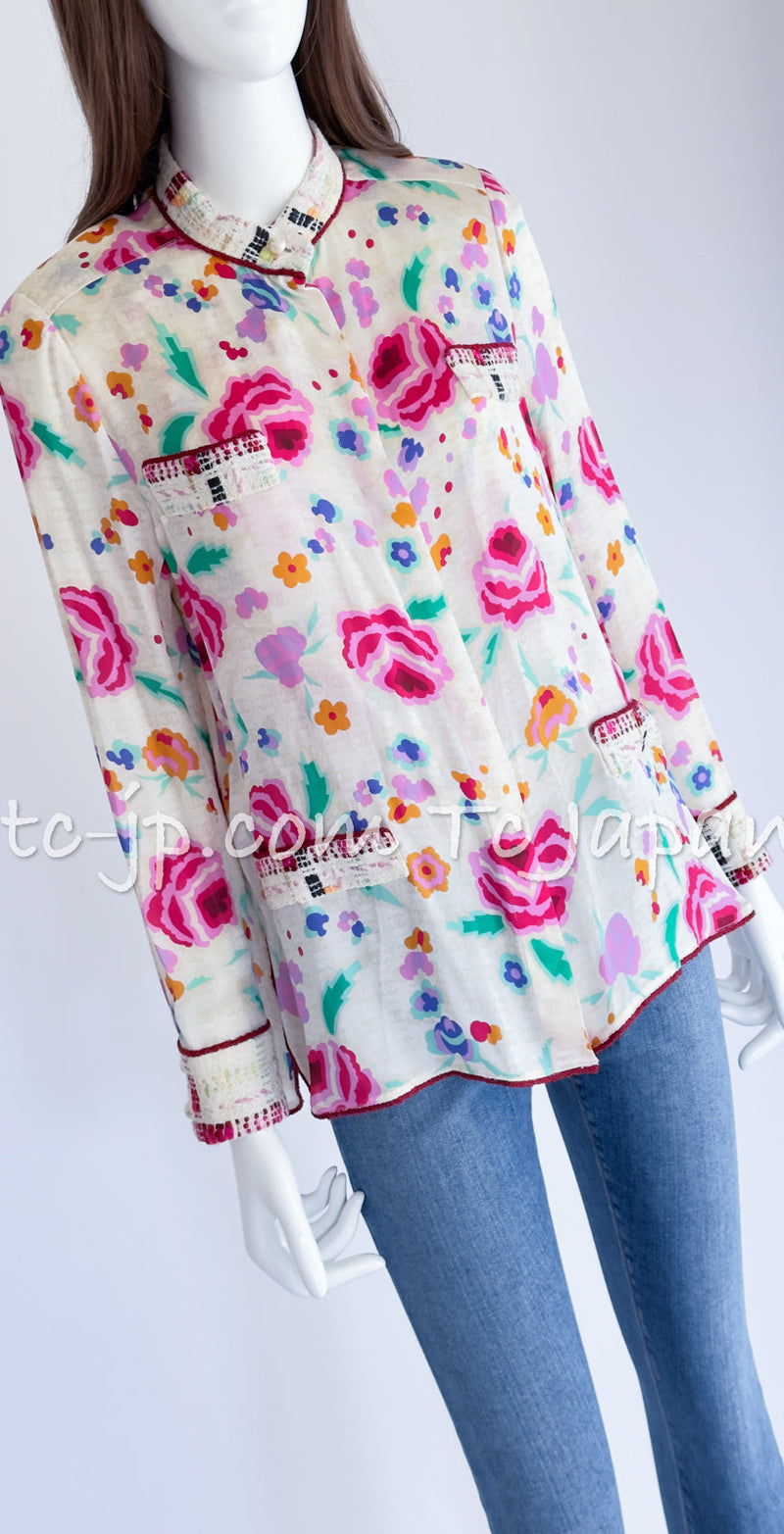 CHANEL 04S Multicolor Camellia Accent COCO Mark Silk Blouse Tops 42 シャネル マルチカラー カメリア柄 ココマーク シルク ブラウス トップス 即発