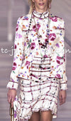 CHANEL 04S Multicolor Camellia Accent COCO Mark Silk Blouse Tops 42 シャネル マルチカラー カメリア柄 ココマーク シルク ブラウス トップス 即発