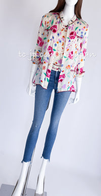 CHANEL 04S Multicolor Camellia Accent COCO Mark Silk Blouse Tops 42 シャネル マルチカラー カメリア柄 ココマーク シルク ブラウス トップス 即発