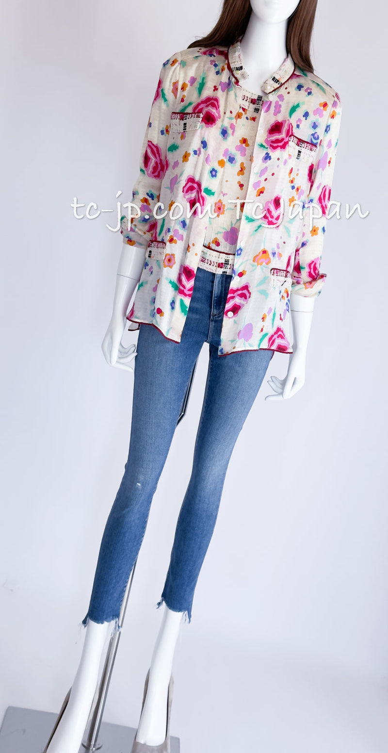 CHANEL 04S Multicolor Camellia Accent COCO Mark Silk Blouse Tops 42 シャネル マルチカラー カメリア柄 ココマーク シルク ブラウス トップス 即発