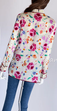 CHANEL 04S Multicolor Camellia Accent COCO Mark Silk Blouse Tops 42 シャネル マルチカラー カメリア柄 ココマーク シルク ブラウス トップス 即発