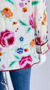 CHANEL 04S Multicolor Camellia Accent COCO Mark Silk Blouse Tops 42 シャネル マルチカラー カメリア柄 ココマーク シルク ブラウス トップス 即発