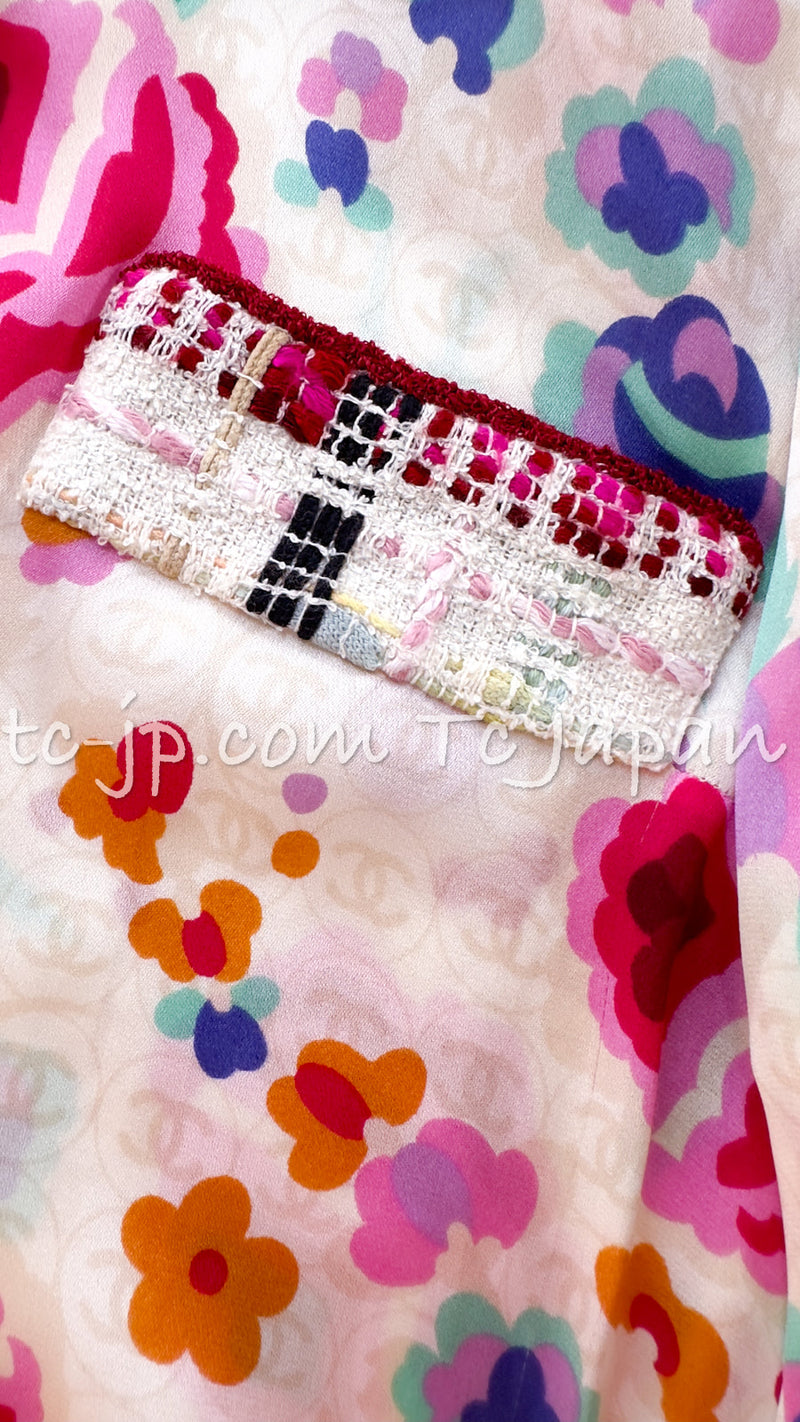 CHANEL 04S Multicolor Camellia Accent COCO Mark Silk Blouse Tops 42 シャネル マルチカラー カメリア柄 ココマーク シルク ブラウス トップス 即発