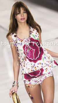CHANEL 04S Multicolor Camellia Accent COCO Mark Silk Blouse Tops 42 シャネル マルチカラー カメリア柄 ココマーク シルク ブラウス トップス 即発
