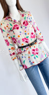 CHANEL 04S Multicolor Camellia Accent COCO Mark Silk Blouse Tops 42 シャネル マルチカラー カメリア柄 ココマーク シルク ブラウス トップス 即発