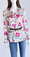CHANEL 04S Multicolor Camellia Accent COCO Mark Silk Blouse Tops 42 シャネル マルチカラー カメリア柄 ココマーク シルク ブラウス トップス 即発