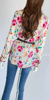 CHANEL 04S Multicolor Camellia Accent COCO Mark Silk Blouse Tops 42 シャネル マルチカラー カメリア柄 ココマーク シルク ブラウス トップス 即発