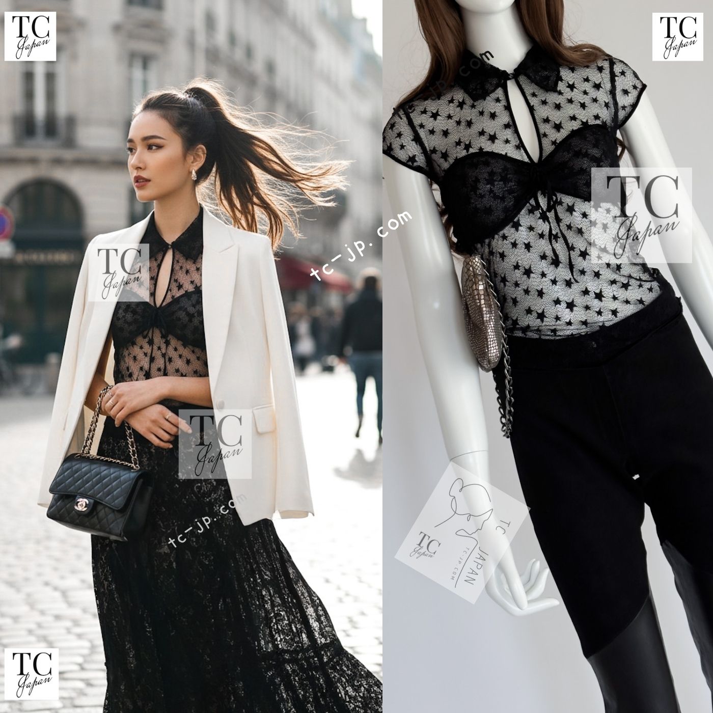 CHANEL 04PF Black Short Sleeve Star Blouse Tops 36 シャネル ブラック 星柄 半袖ブラウス トップス 即発