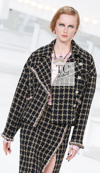 CHANEL 21S Black Beige Silk Cotton Tweed Jacket Silver Chain Trim No.5 Button 38 シャネル ブラック ベージュ シルク コットン ツイード ジャケット シルバー チェーン トリム No.5 ボタン 即発