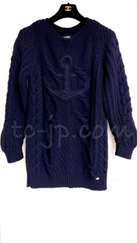 CHANEL 18PF Navy Wool Cashmere Dress Knit Sweater 38 40 42 シャネル ネイビー ウール カシミア ケーブル ニット ワンピース セーター 即発