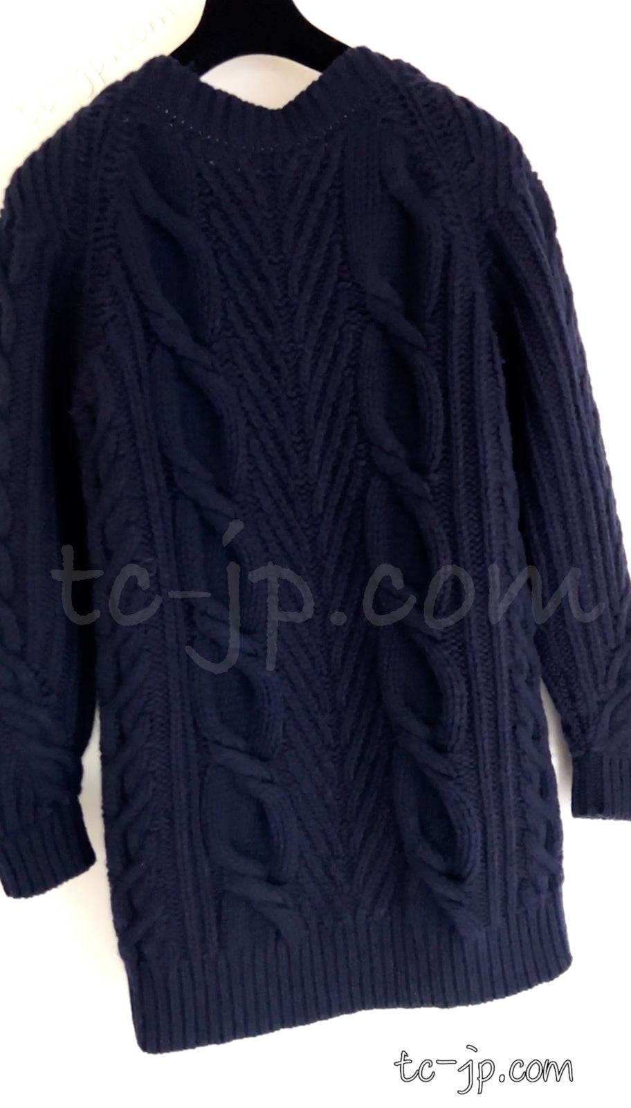 CHANEL 18PF Navy Wool Cashmere Dress Knit Sweater 38 40 42 シャネル ネイビー ウール カシミア ケーブル ニット ワンピース セーター 即発