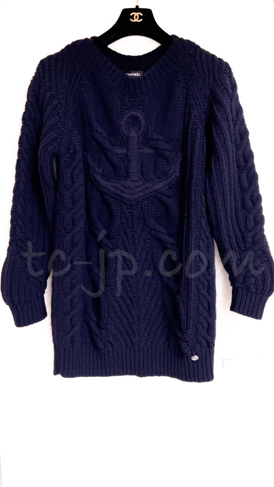 CHANEL 18PF Navy Wool Cashmere Dress Knit Sweater 38 40 42 シャネル ネイビー ウール カシミア ケーブル ニット ワンピース セーター 即発