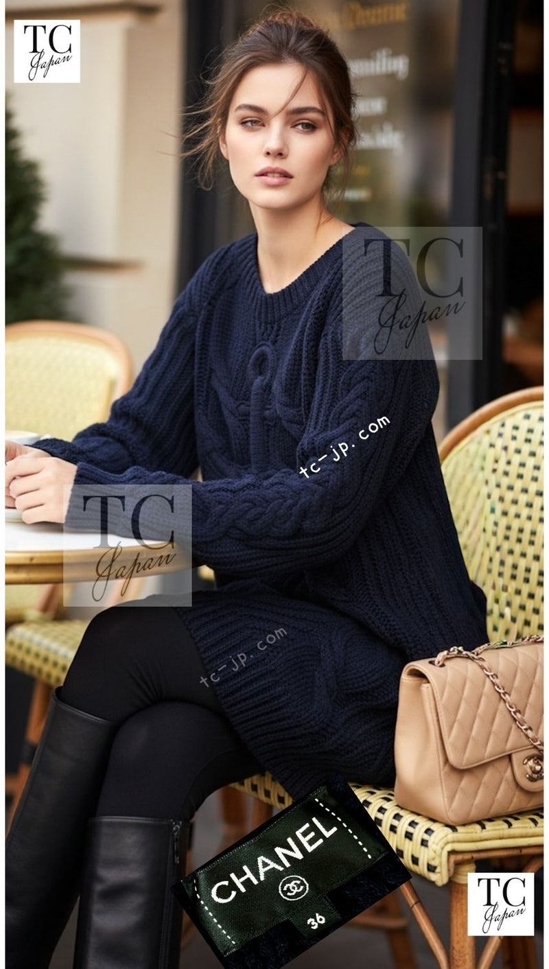 CHANEL 18PF Navy Wool Cashmere Dress Knit Sweater 38 40 42 シャネル ネイビー ウール カシミア ケーブル ニット ワンピース セーター 即発