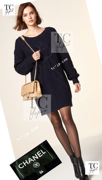 CHANEL 18PF Navy Wool Cashmere Dress Knit Sweater 38 40 42 シャネル ネイビー ウール カシミア ケーブル ニット ワンピース セーター 即発