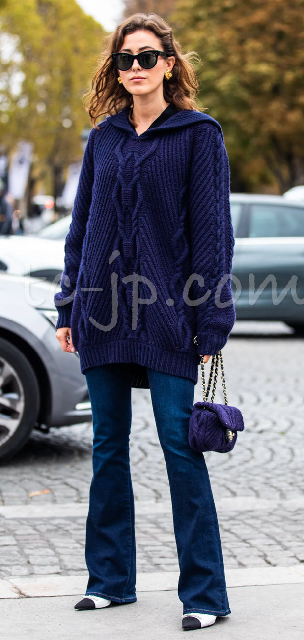 CHANEL 18PF Navy Wool Cashmere Dress Knit Sweater 38 40 42 シャネル ネイビー ウール カシミア ケーブル ニット ワンピース セーター 即発 - TC JAPAN